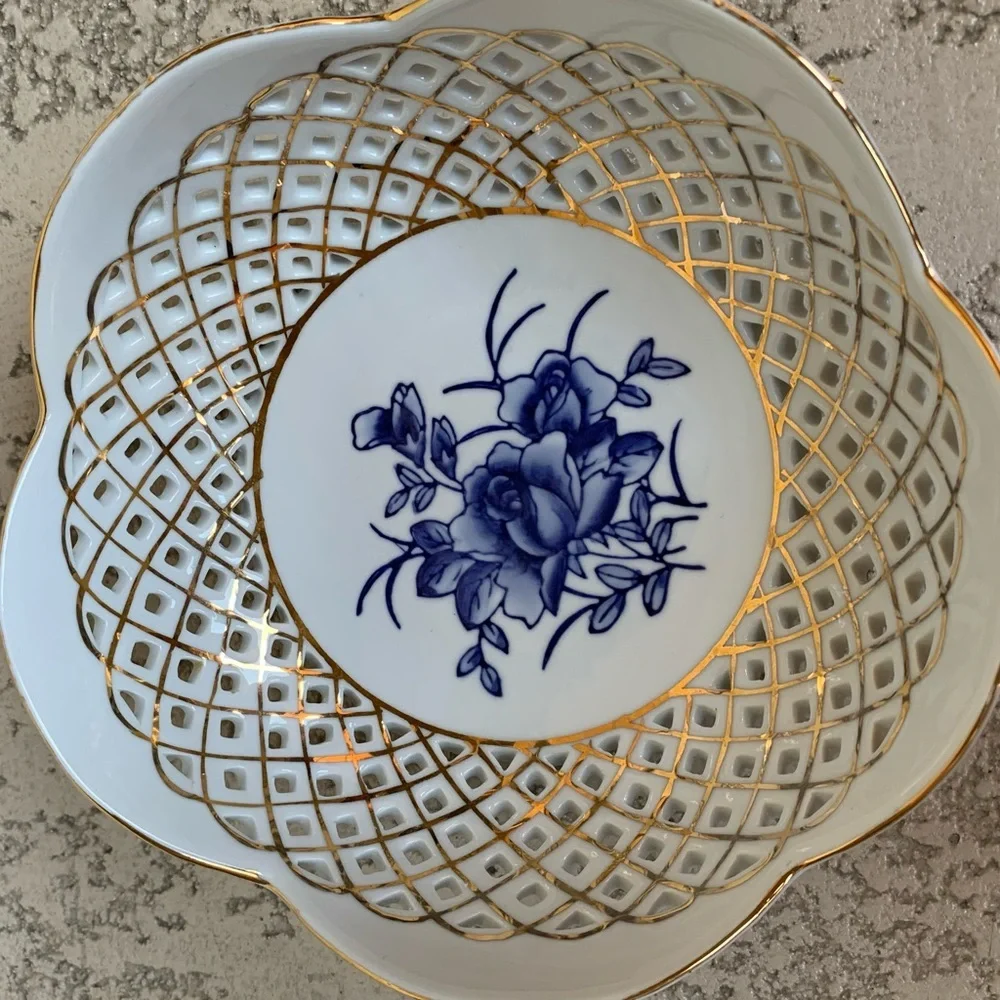 Venezia Elegant Blue and Gold Floral Porcelain Bowl